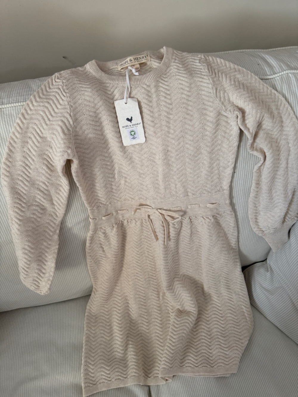 Hope & Henry Cream Knit Waist-Tie Girls' Casual Dress